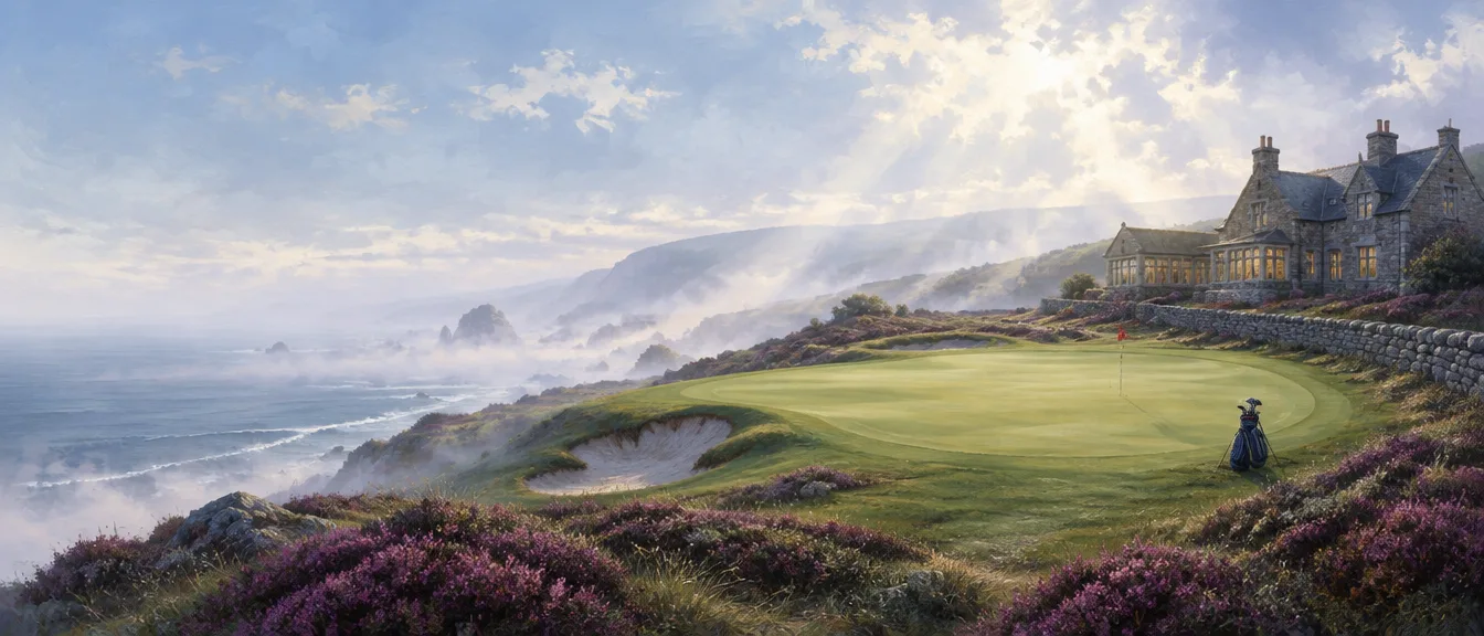 Kabut naik dari green terakhir di tepi laut, cahaya pagi menembus awan, clubhouse batu kelabu dengan jendela terang di kanan, tas golf berdiri di tepi green.
