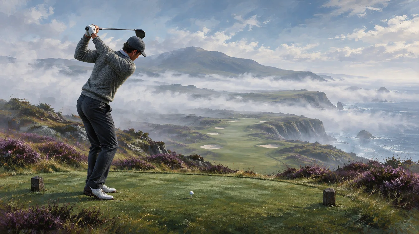 Pegolf bersweater wol abu di puncak backswing, stik terangkat tinggi di atas bahu, di tee yang tinggi di atas fairway berkabut dan tebing laut.